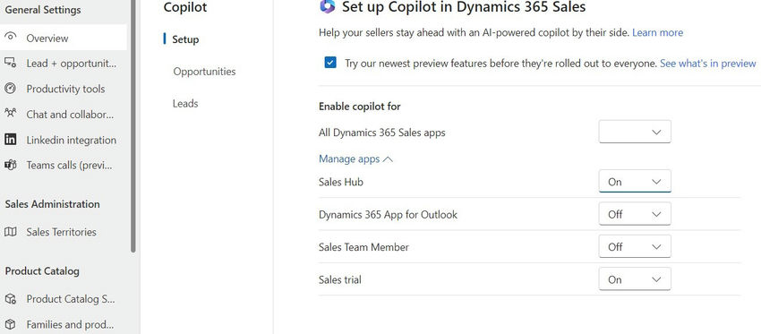 Set up Copilot in dynamics 365 sales overview-